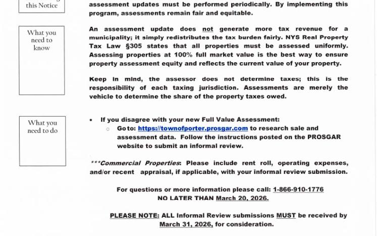 Important Notice Town of Porter 2026 New Full Value Assessment